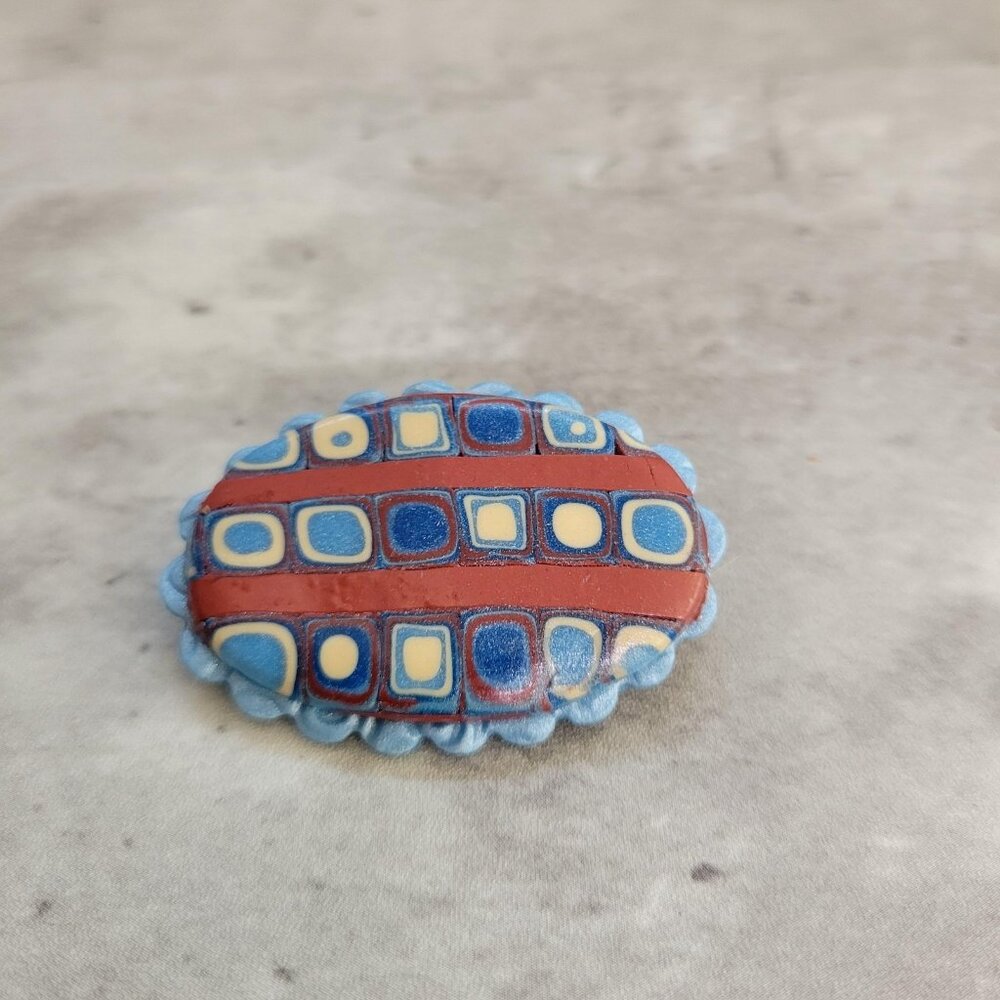 Handmade Polymer Clay Brooch Pin Geometric Pattern Signed KF 2 Inch Jewelry Gift